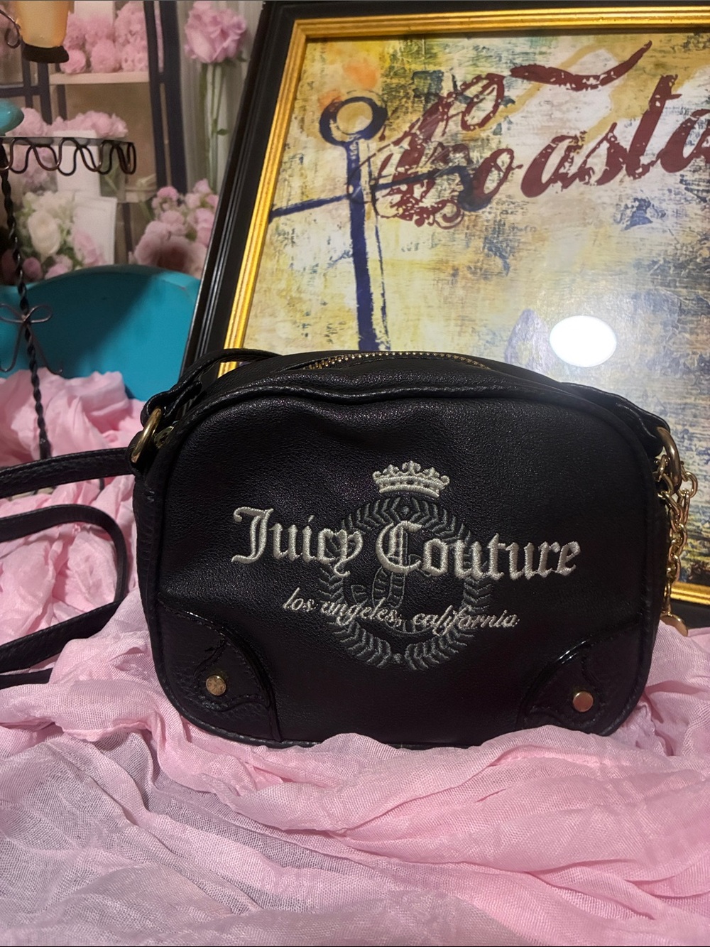 Juicy Couture Black Leather Crossbody with Embroidered Logo